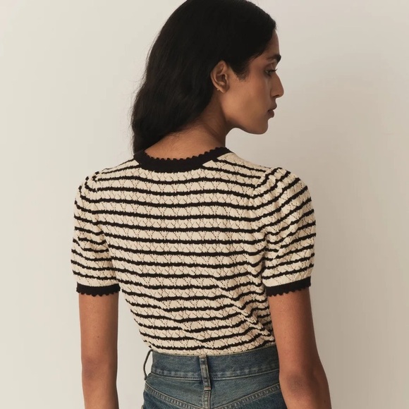 Doen Brandie Cotton Silk Knit Short Sleeve Puff Sweater Top Allaire Stripe Cream - Picture 3 of 12